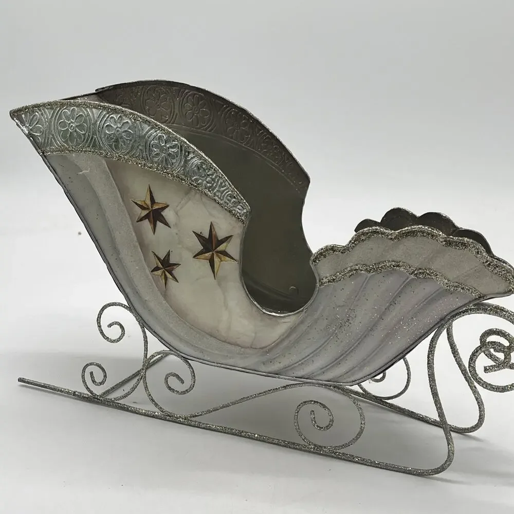 Pier 1 Santa’s Sleigh – Silver Tone Glitter Holiday Décor – 8x15, NWT